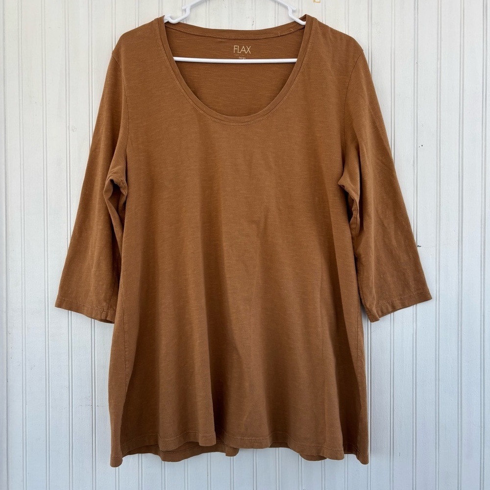 FLAX Women's Warm Brown Scoop Neck Long Sleeve Tunic Tee Made in USA Size Large